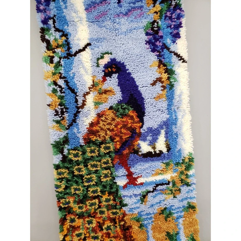 LARGE Vintage Latch Hook Rug Completed Beach Sea Wall Hanging PEACOCK maximalist